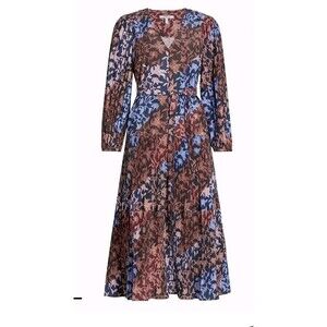 Derek Lam 10 Crosby Ferris Floral Print Plissé Pleated Midi Dress V Neck Size 4